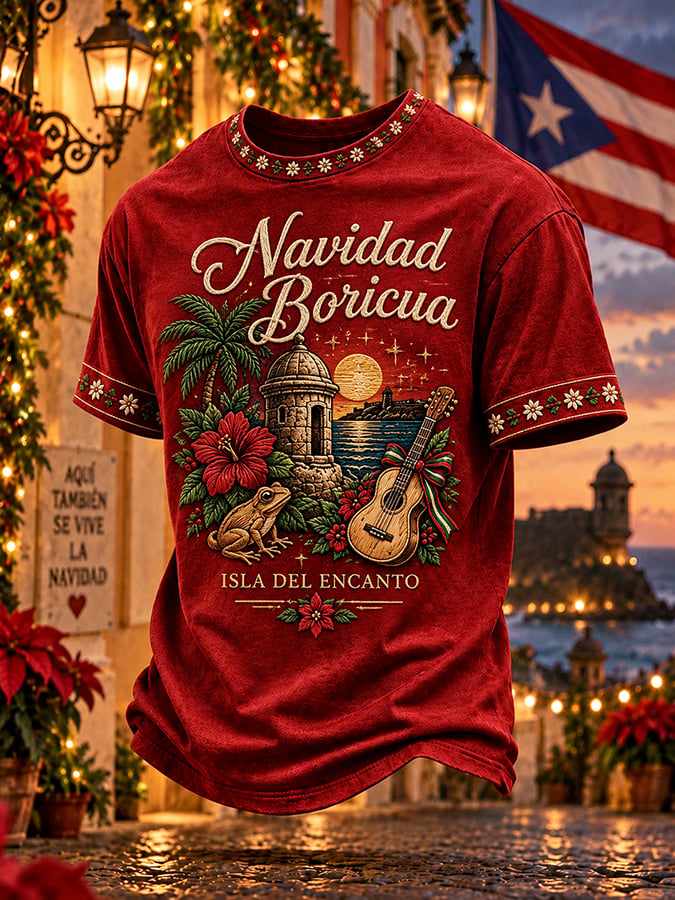 Men's Puerto Rico Christmas Print Round Neck T-shirt