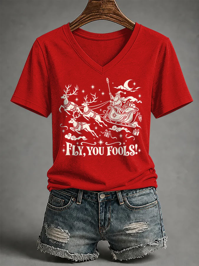 🔥🔥2nd 50% Off 🔥🔥V-Neck Retro Funny Christmas Fly You Fools Reindeer Holiday Season Print T-Shirt
