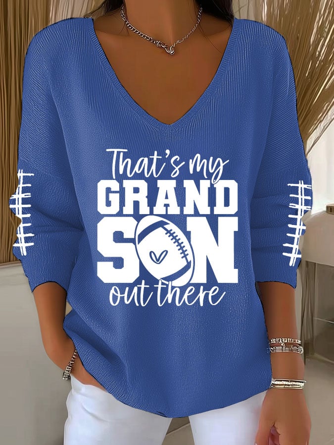 Women's That's My Grandson Out There Football Print V Neck Sweater