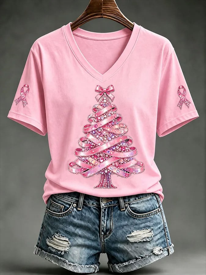 Women'S Breast Cancer Pink Ribbon Christmas Tree Print V-Neck Top