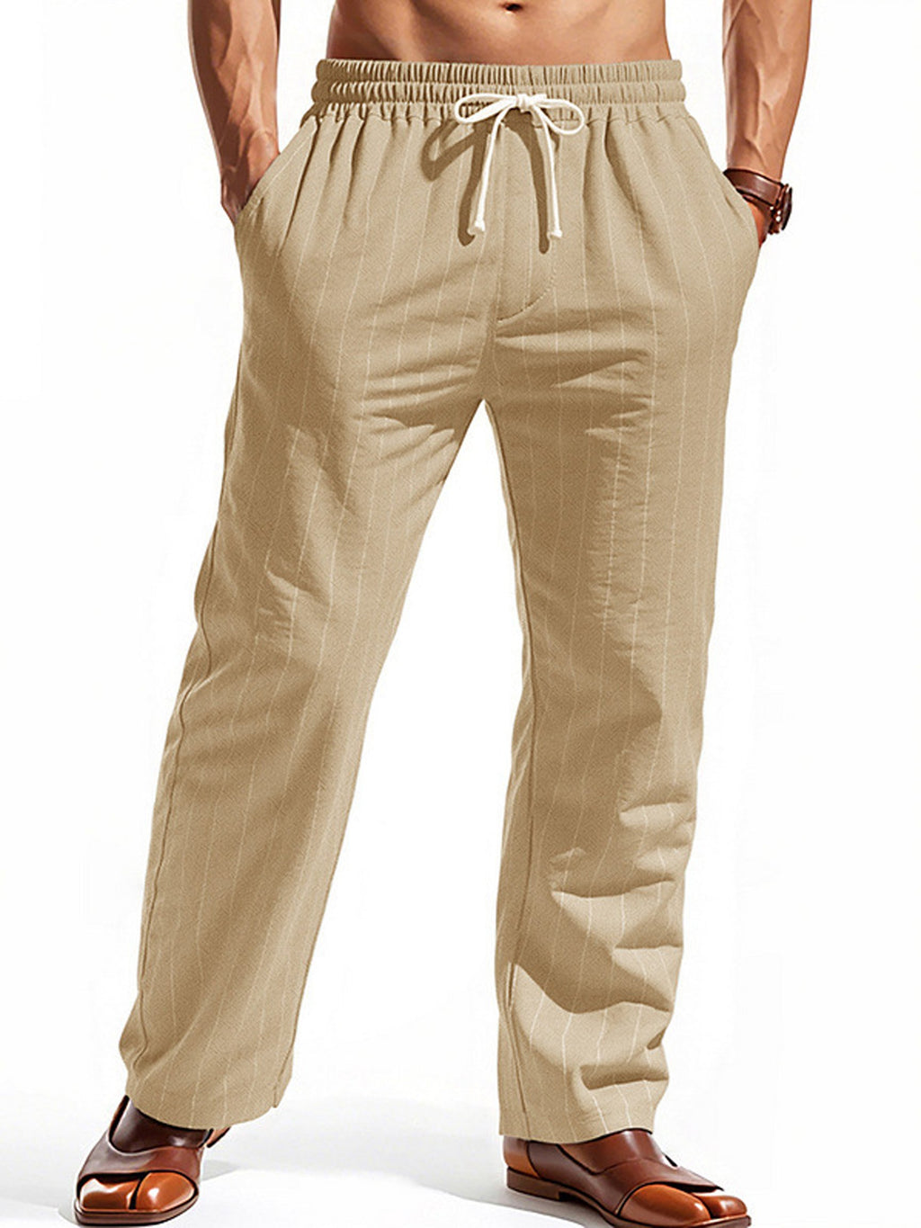 Men's Casual Cotton-Linen Breathable Pinstripe Drawstring Trousers