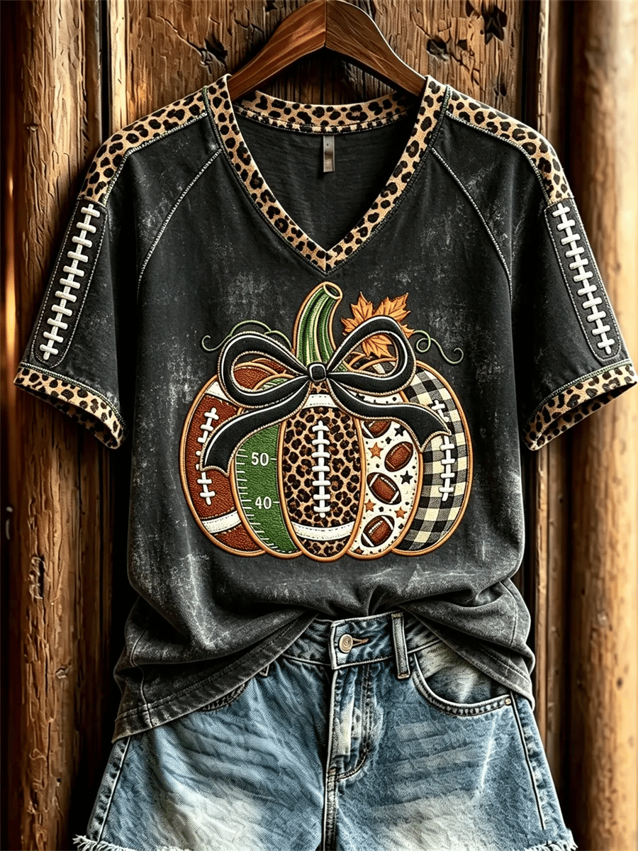 Women's Football Inspired Fall Pumpkin Print T-shirt
