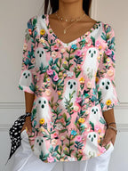 Women's Ghost Print V-Neck T-Shirt
