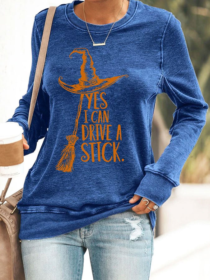 Women's Yes I Can Drive A Stick Print Round Neck Sweatshirt