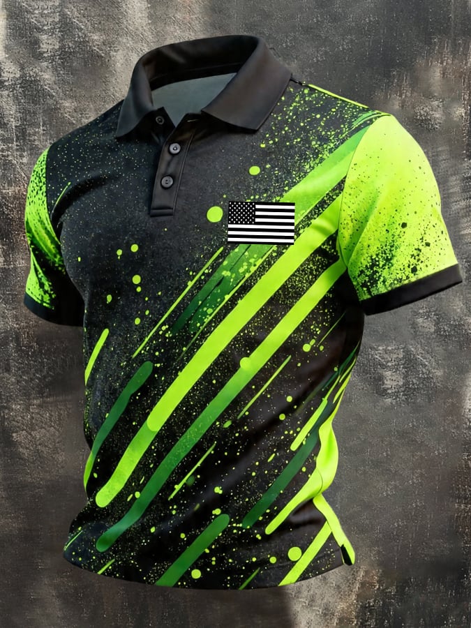 Men's Retro Patriotic Color-Block Short-Sleeve Polo Shirt