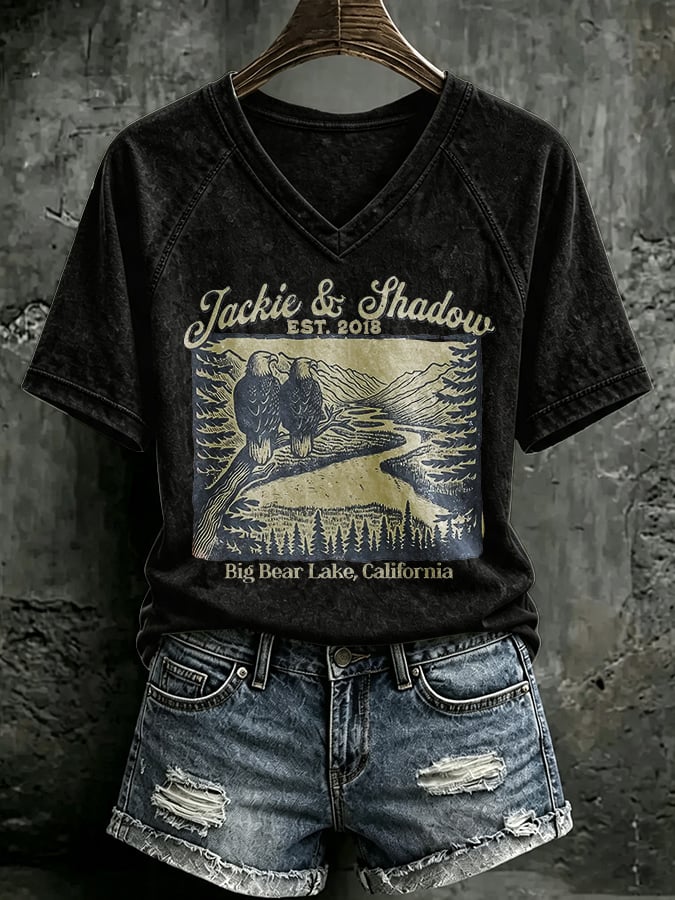 🔥🔥2nd 50% Off 🔥🔥V Neck Retro Jackie & Shadow Est. 2018 Big Bear Lake, California Print T-Shirt