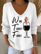 Women's Retro Wine Turkey Friends Print Sweater