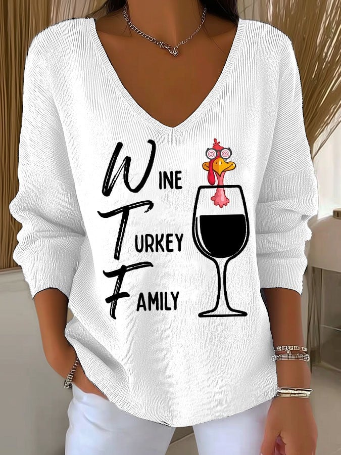 Women's Retro Wine Turkey Friends Print Sweater