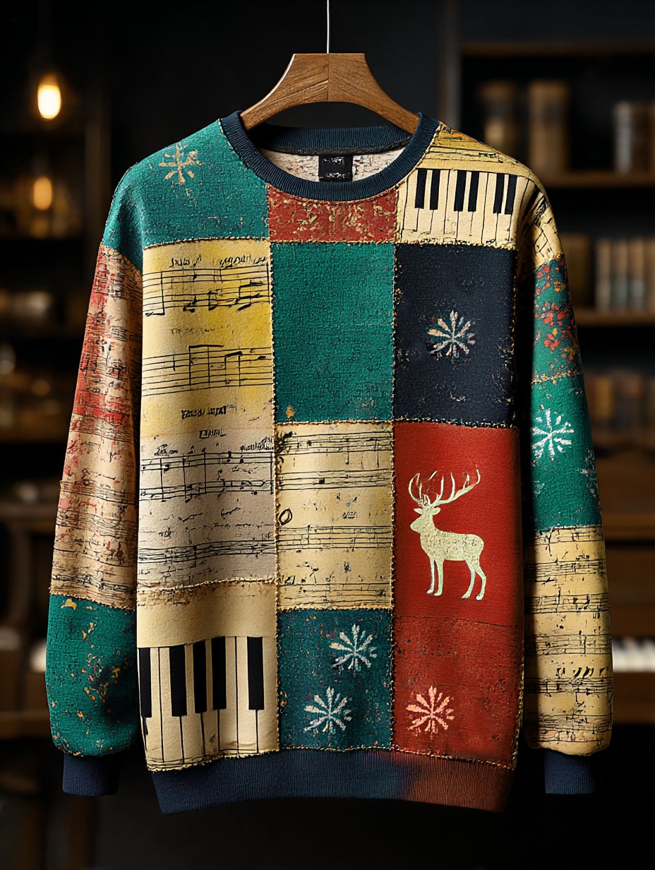 Men's Retro Casual Musical Note Christmas Party Art Sweatshirt