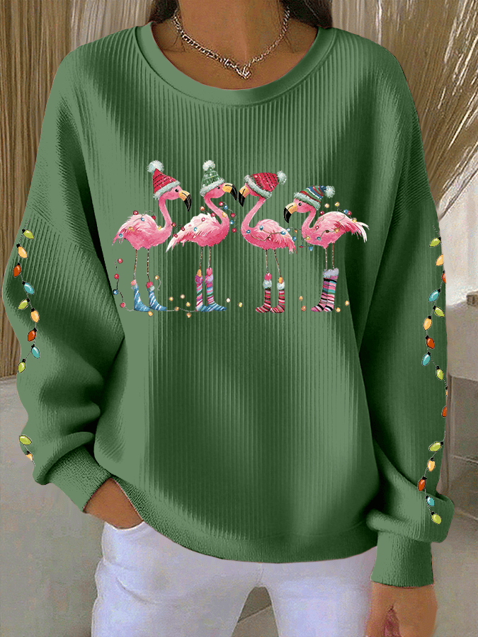 Women's Christmas Flamingo Print Knitted Crew Neck Long Sleeve Top