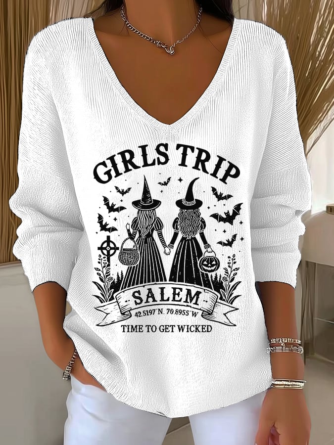 Women's Girls Trip Salem Witch Print V Neck Sweater