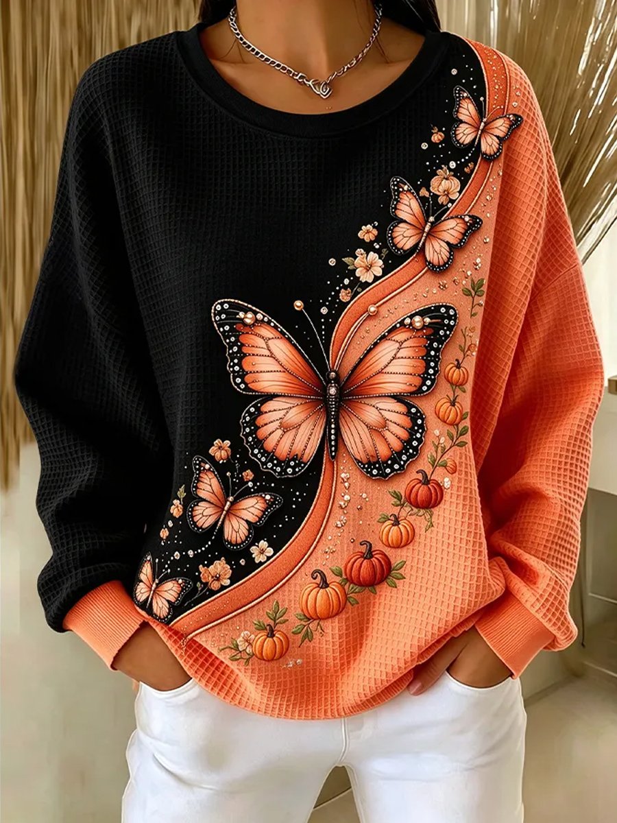 Women's Casual Printed Waffle Long-Sleeve Top
