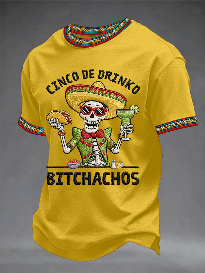Men's Retro Cinco De Drinko Bitchachos Skeleton Mexican Fiesta Print Casual T-Shirt