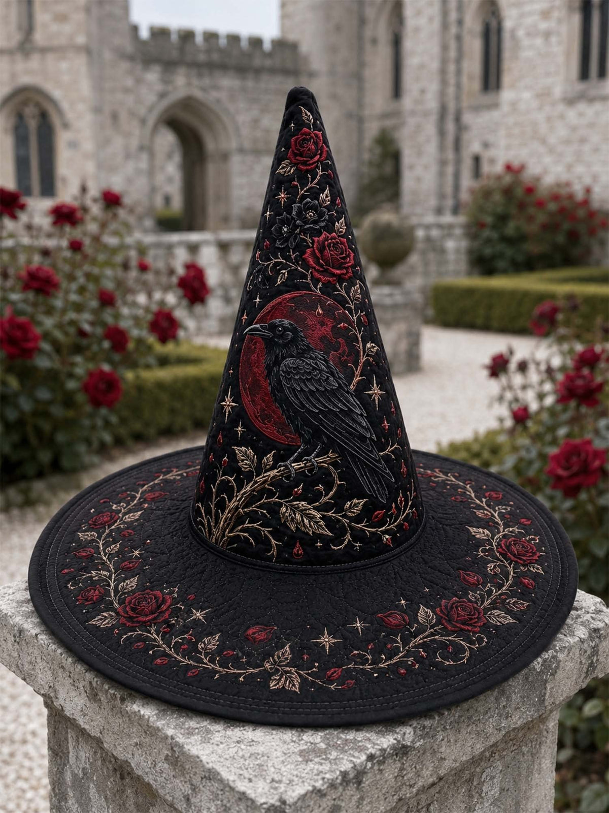 Halloween Black Rose Raven Victorian Gothic Hand-quilted Witch Hat