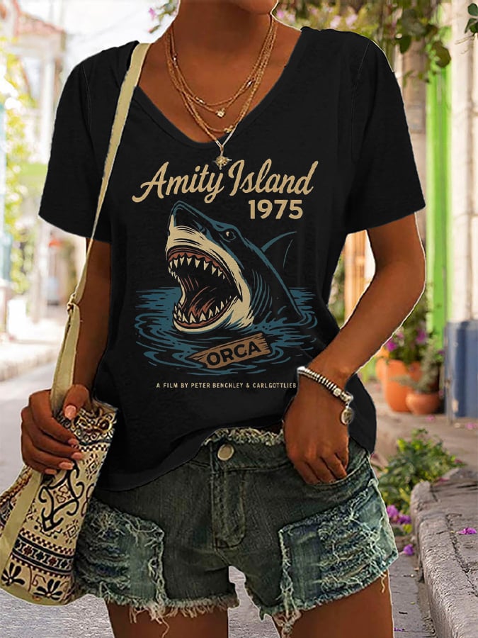 Women's Shark Amity Island 1975 Printed Short-Sleeved T-Shirt