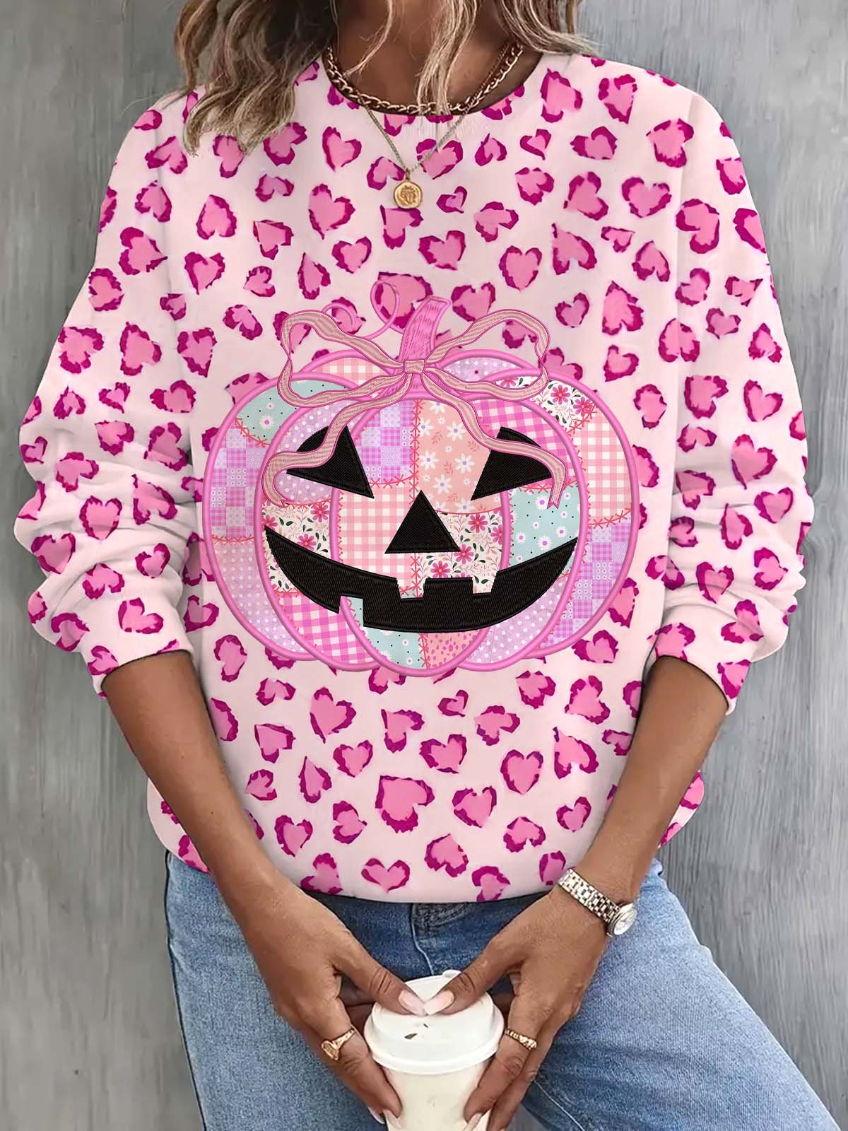 In October We Wear Pink Pumpkin Printed Long Sleeve Top