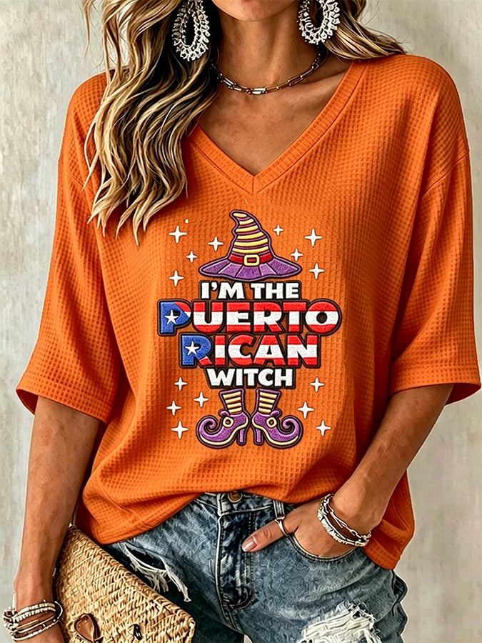 Women's Halloween In Puerto Rico Print Waffle-Knit Top