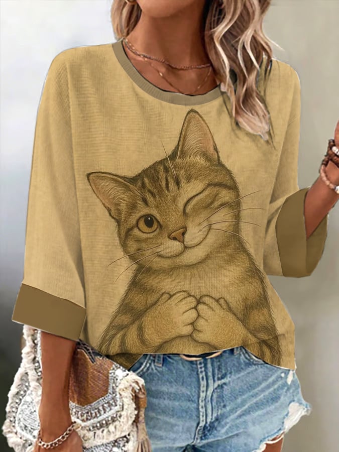 Women's Cute Animal Cat Pattern Print Comfortable Long Sleeve T-Shirt