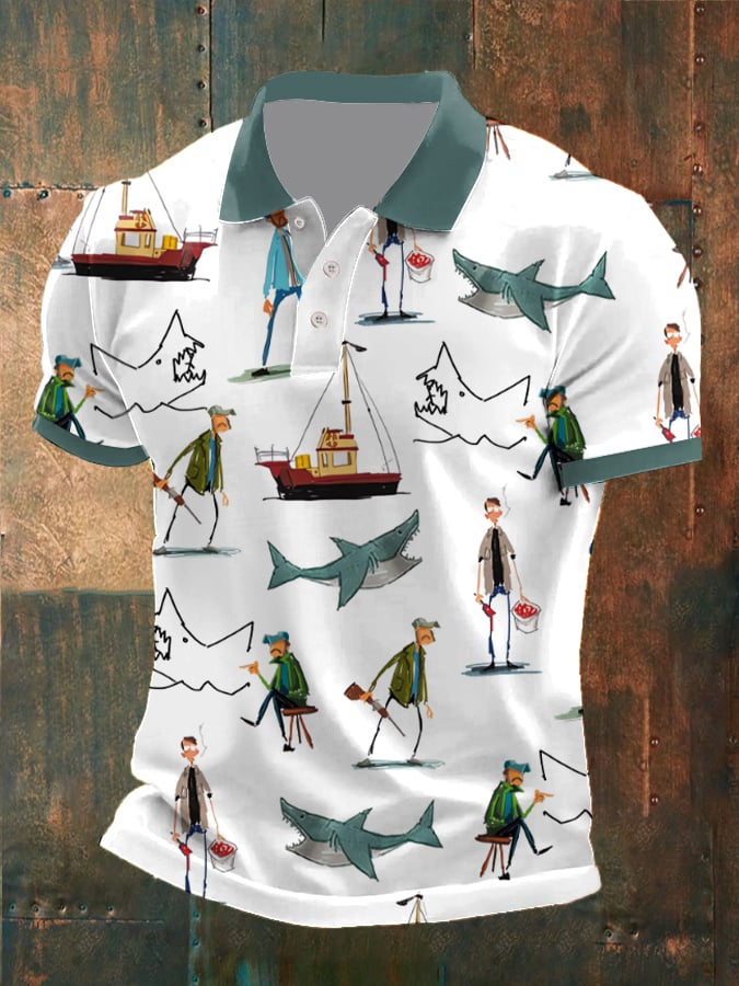 Men's Shark Art Print Polo Shirt