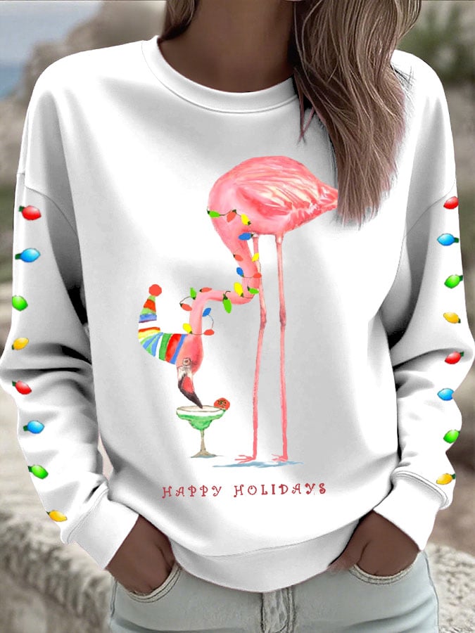 Women's Christmas Flamingo Light String Print Sweatshirt
