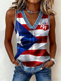 Women's National Puerto Rican Day Printed Denim Patchwork Print Top