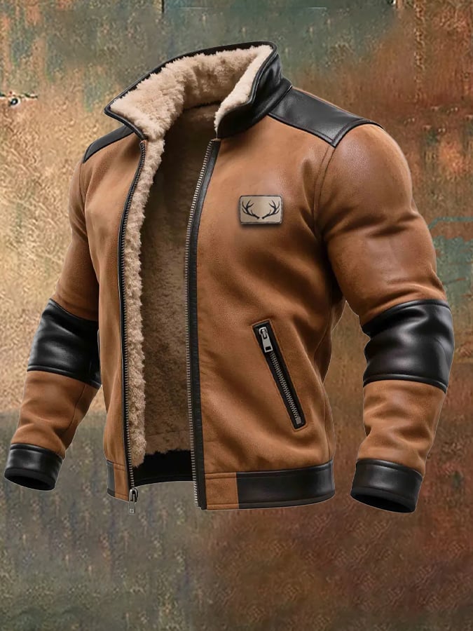 Men's Vintage Suede and Leather Hooded Warm Jacket