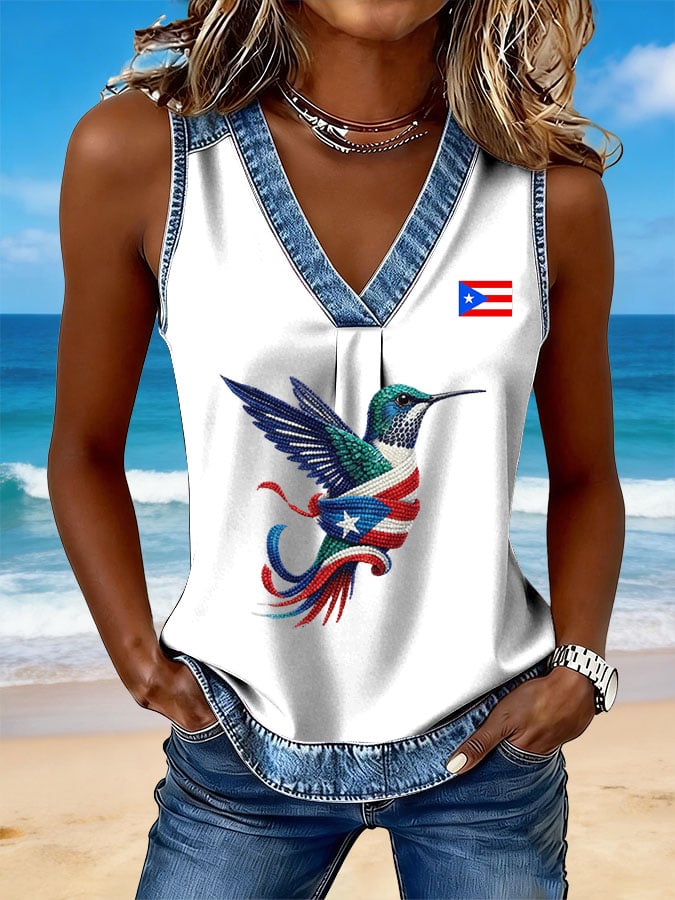 Women's National Puerto Rican Day Printed Denim Patchwork Print Top
