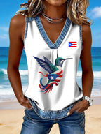 Women's National Puerto Rican Day Printed Denim Patchwork Print Top