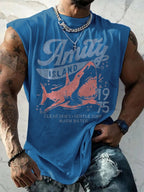Men's Vintage Amity Island 1975 Clear Skies Gentle Surf Warm Water Print Tank Top