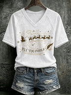 V Neck Retro Funny Christmas Fly You Fools Reindeer Holiday Season Print T-Shirt