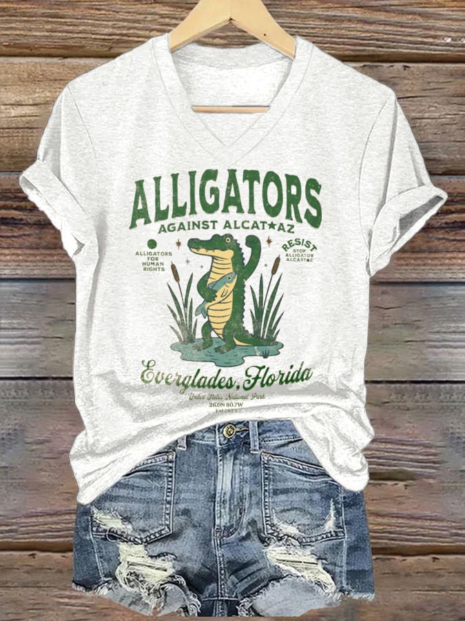 Women's Fashion Casual Retro Crocodile Island Resistance Fdt Print T-Shirt