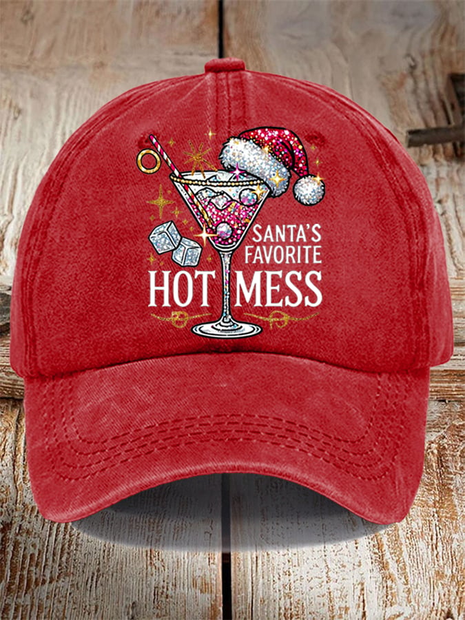 Unisex Distressed Washed Cotton Christmas Santa's Favorite Hot Mess Hat