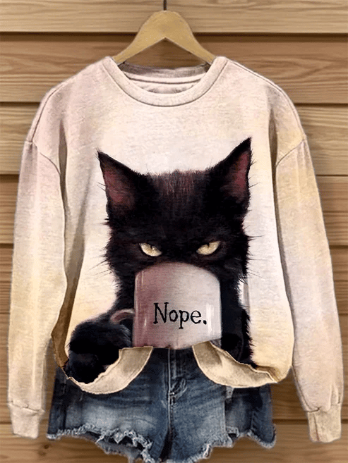 Women's Animal Cute Cat Print Round Neck Sweatshirt