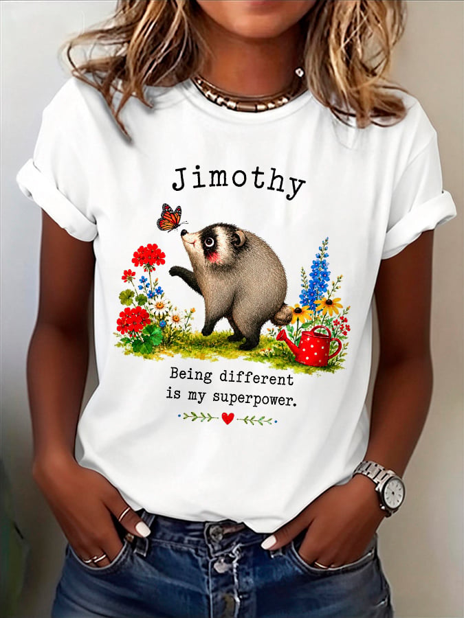 Retro Jimothy Raccoon Being Different Is My Superpower Print T-Shirt