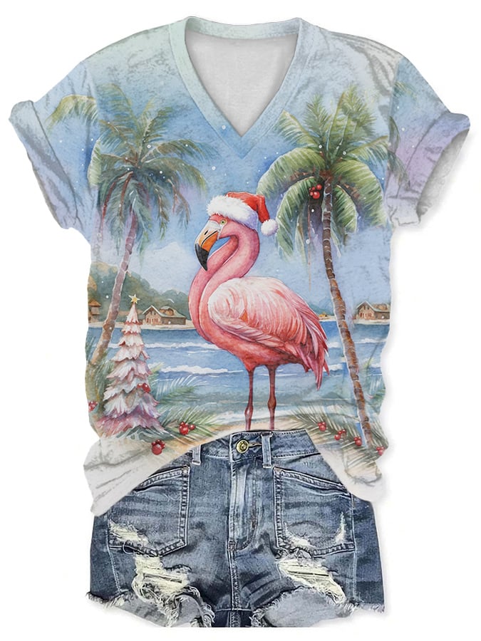 V-Neck Christmas Palm Tree Flamingo Print T-Shirt