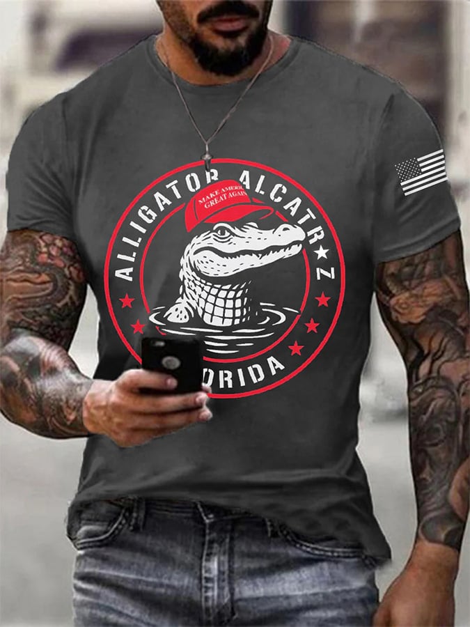 Men's Alligator Alcatraz Ready To Serve Dark Humor Patoitic Printing T Shirt
