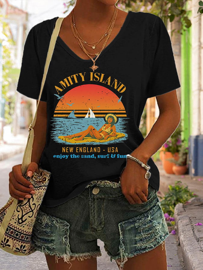 Women's Amity Island Enjoy The Sand Surf And Fun Print T-Shirt