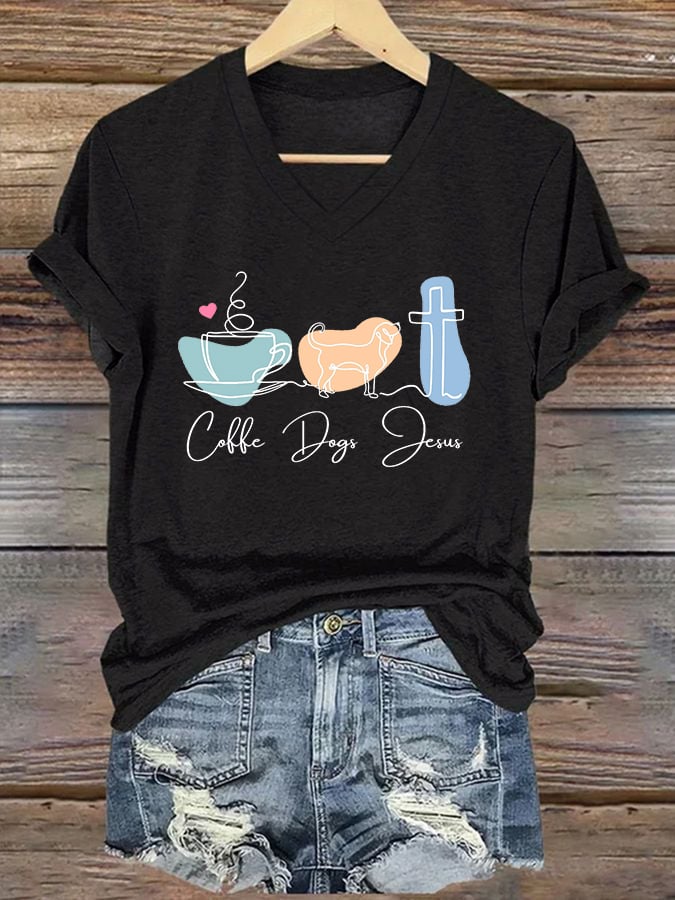 Women's Coffee Dog Jesus Print Casual T-Shirt