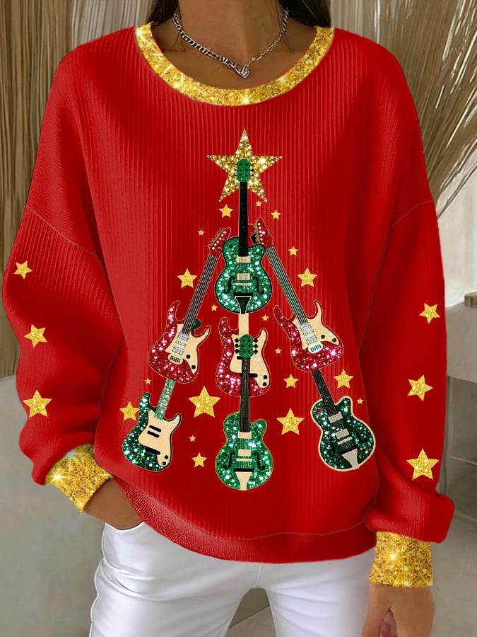 Women's Guitar Christmas Tree Art Print Sweatshirt