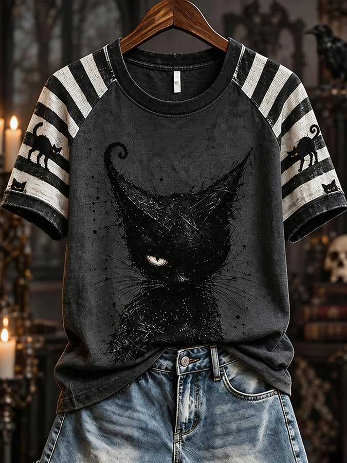 Women's Black Cat Striped Casual T-Shirt