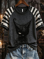 Women's Black Cat Striped Casual T-Shirt