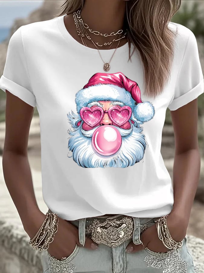 Women's Retro Christmas Santa Print Casual T-Shirt