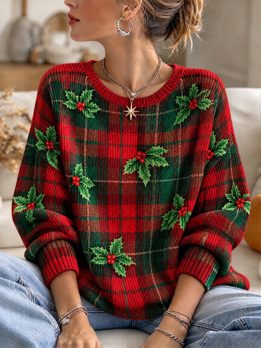 Women's Christmas Print Casual Knit Top
