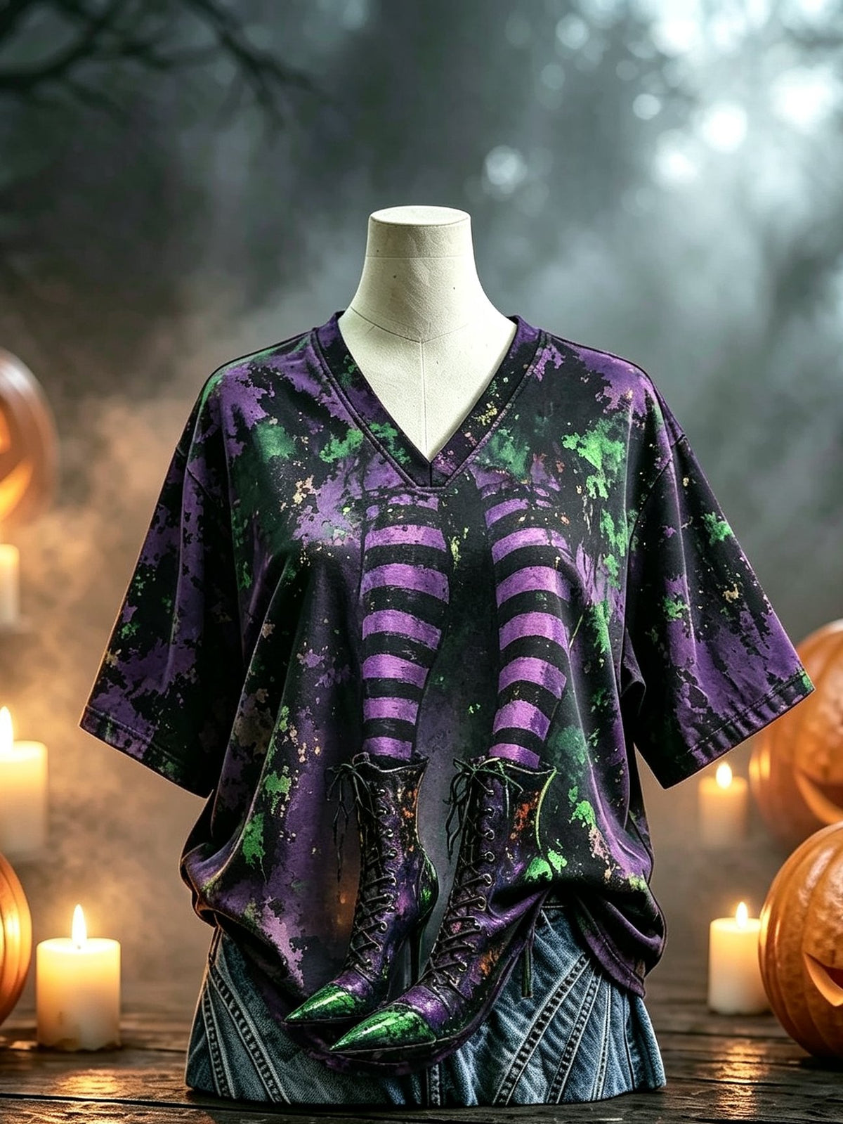 Women's Halloween Witch Print V Neck T-Shirt