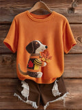 Women's Halloween Maple Leaf Puppy Knit Top