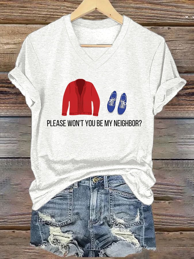 V-Neck Retro Please Won't You Be My Neighbor ? Print T-Shirt