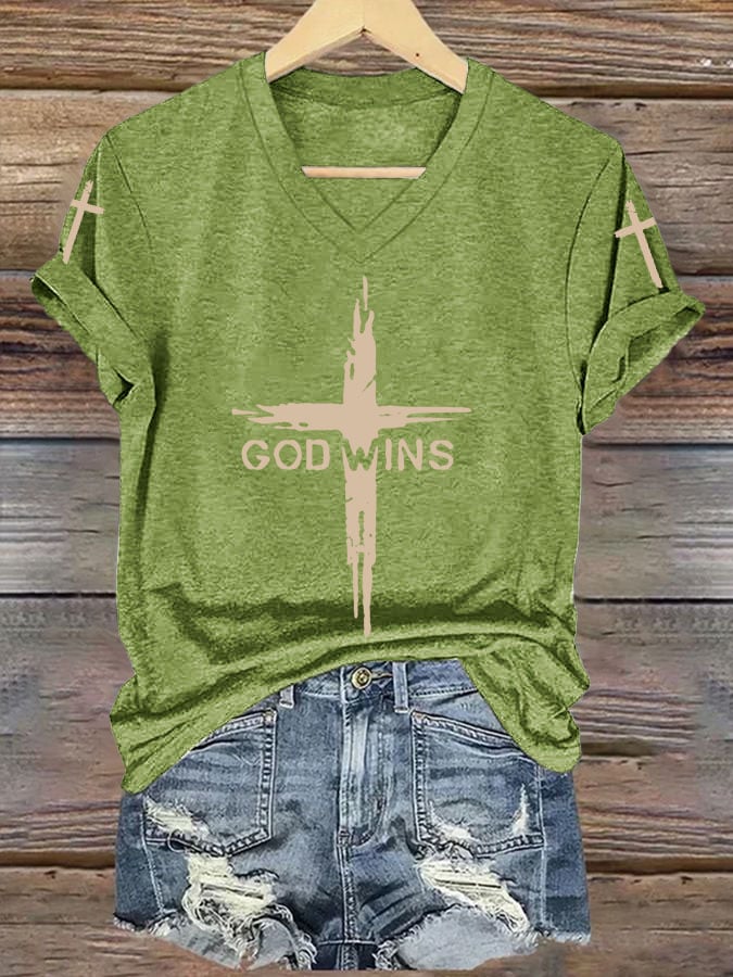 Women's God Wins Print V Neck T-shirt