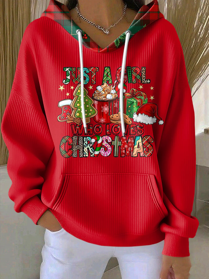 Women's Casual Just a Girl Who Loves Christmas Print Hoodie