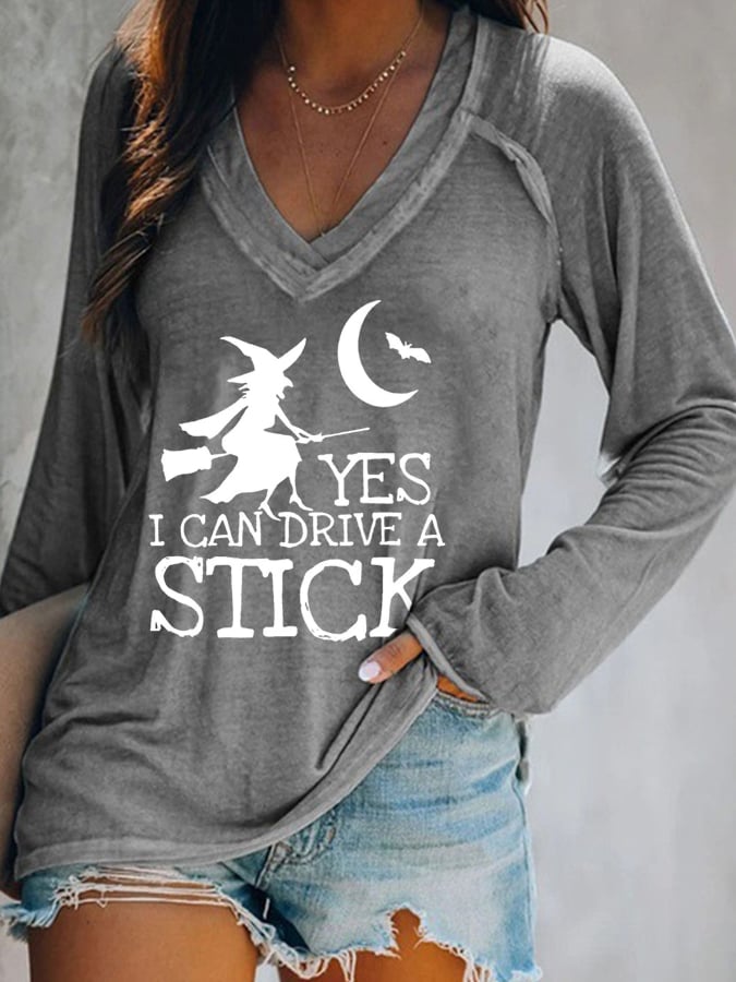 Women's Yes I Can Drive A Stick Print Long Sleeve Casual T-Shirt