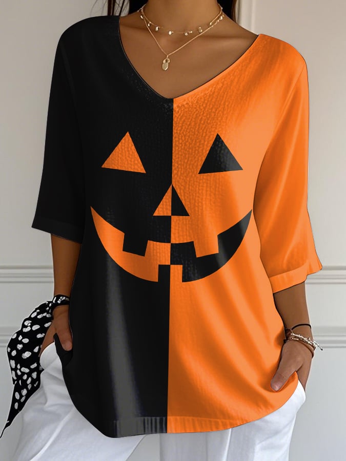 Women's Casual Pumpkin Expression Bubble Wrinkle Top